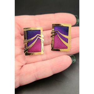 VTG KYLE MCKEOWN COUTURE HAND PAINTED SILK INSERT GOLD‎ TONE CLIP ON EARRINGS